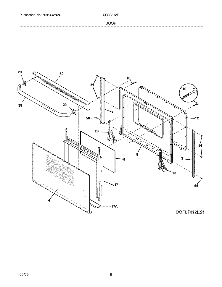 DOOR Diagram and Parts List for CFEF312EQ1  Frigidaire Range