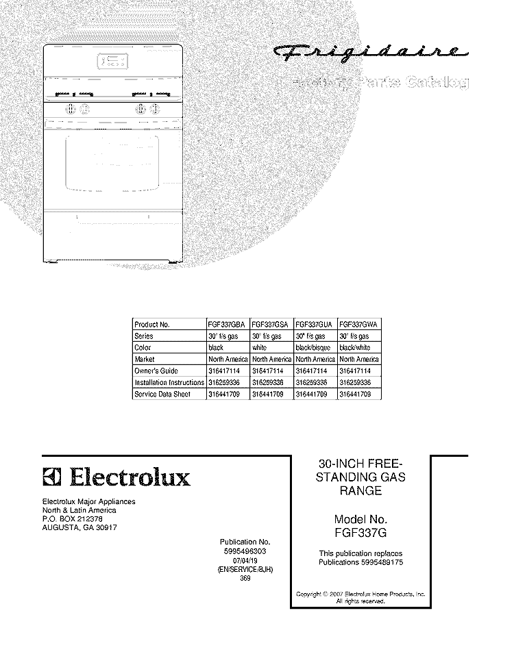 COVER Diagram and Parts List for FGF337GSA  Frigidaire Range