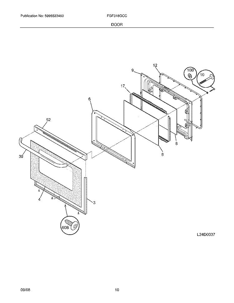 DOOR Diagram and Parts List for FGF318GCC  Frigidaire Range