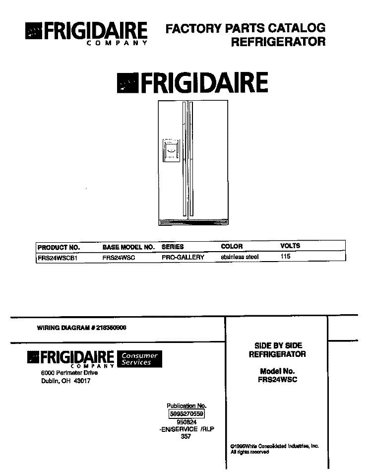 COVER Diagram and Parts List for FRS24WSCB1  Frigidaire Refrigerator