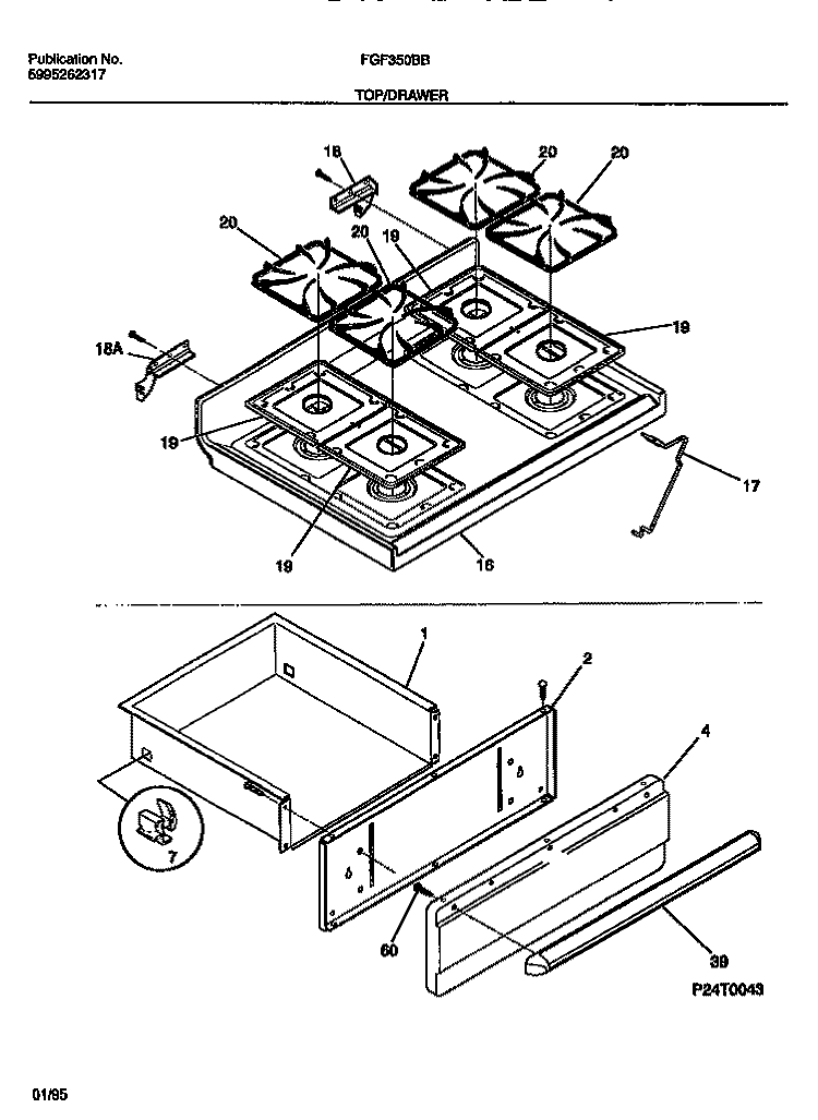 TOP / DRAWER Diagram and Parts List for FGF350BBDA  Frigidaire Range