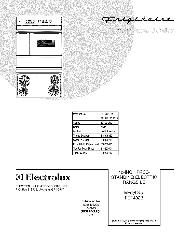 COVER Diagram and Parts List for FEF402BWC  Frigidaire Range