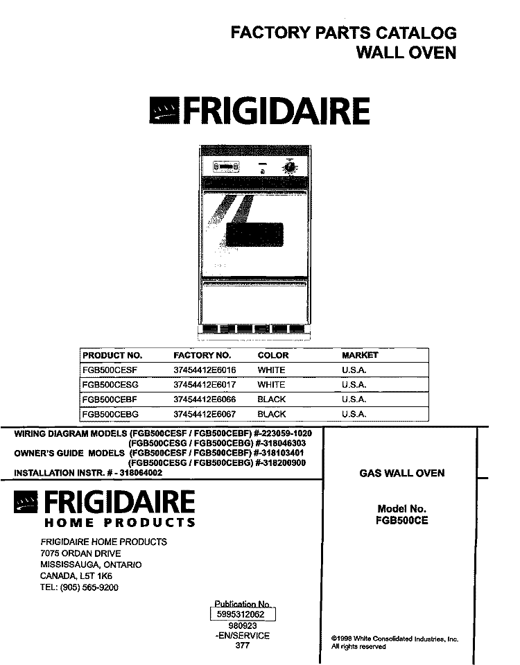 COVER Diagram and Parts List for FGB500CESG  Frigidaire Wall Oven