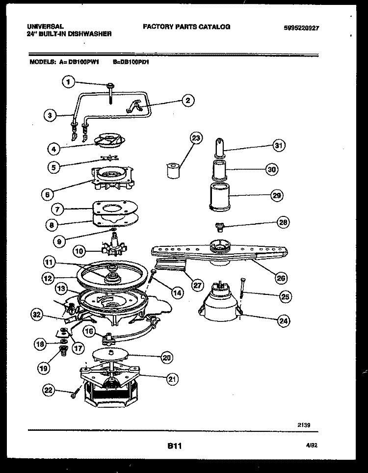 MOTOR PUMP PARTS Diagram and Parts List for DB100PW1  Frigidaire Dishwasher