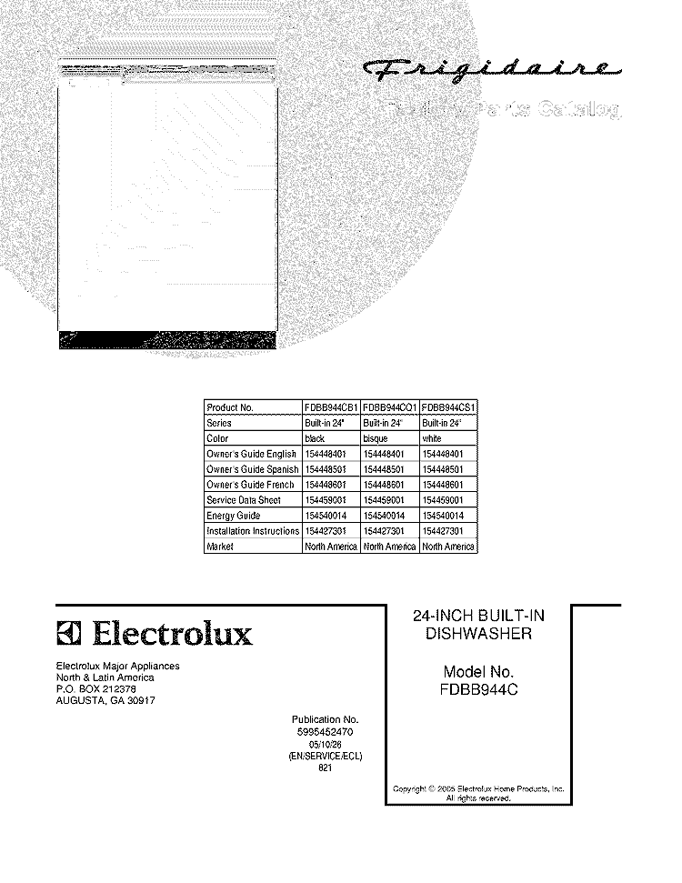 COVER Diagram and Parts List for FDBB944CQ1  Frigidaire Dishwasher