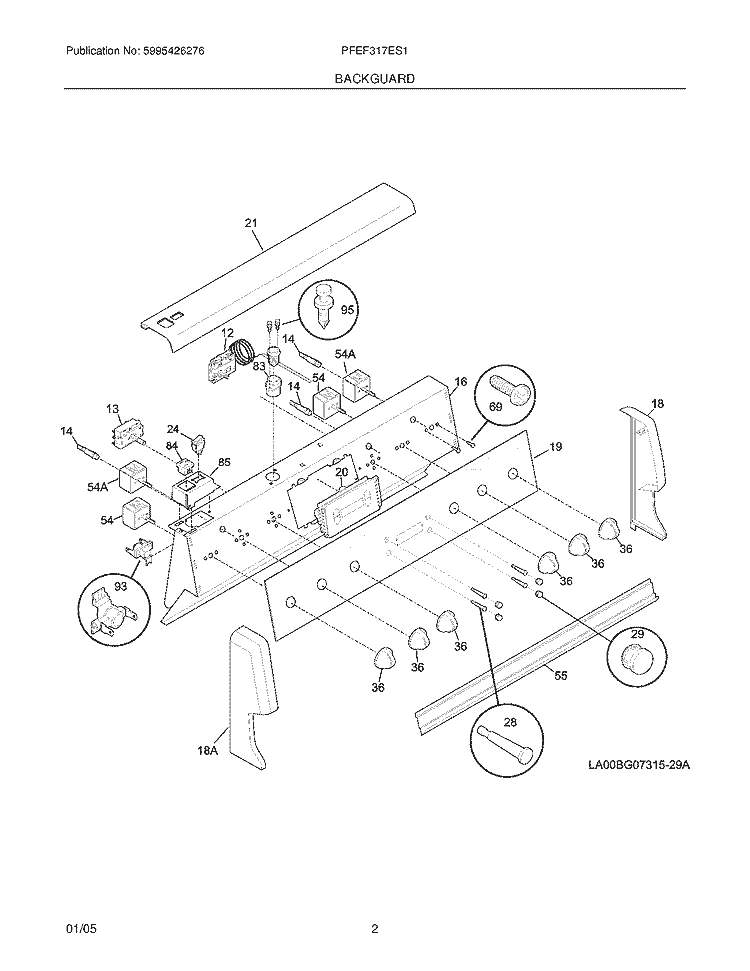 BACKGUARD Diagram and Parts List for PFEF317ES1  Frigidaire Range