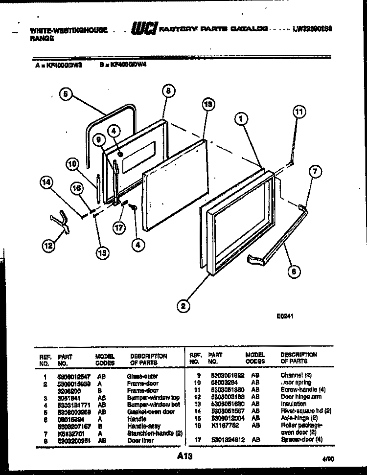 DOOR PARTS Diagram and Parts List for KF400GDH3  Frigidaire Range