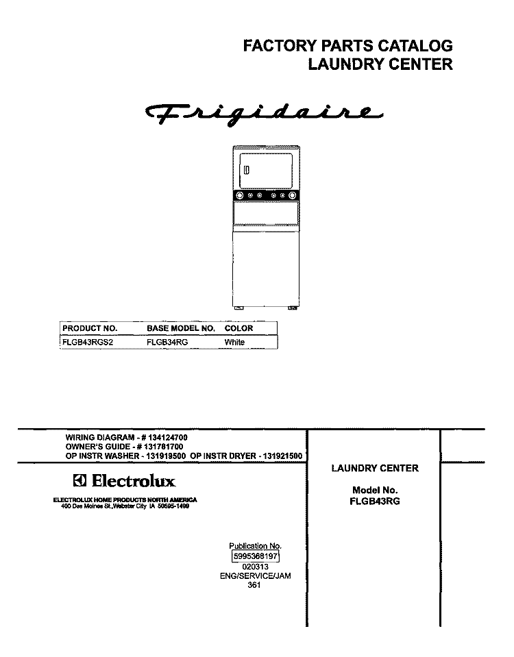 COVER Diagram and Parts List for FLGB43RGS2  Frigidaire Washer Dryer Combo