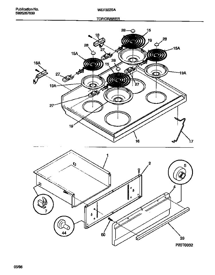 TOP / DRAWER Diagram and Parts List for WEF322SADB  Frigidaire Range