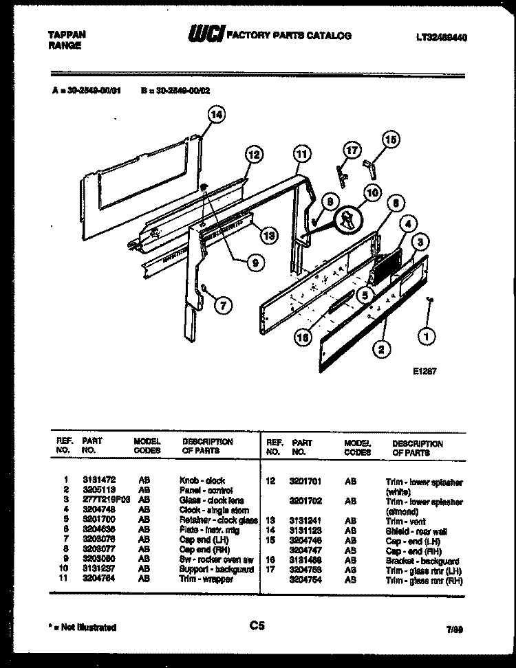 BACKGUARD Diagram and Parts List for 30-2549-00-02  Tappan Range
