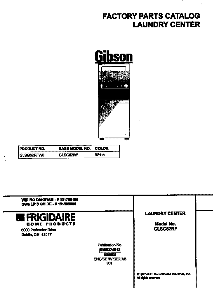 COVER Diagram and Parts List for GLSG62RFW0  Gibson Washer Dryer Combo