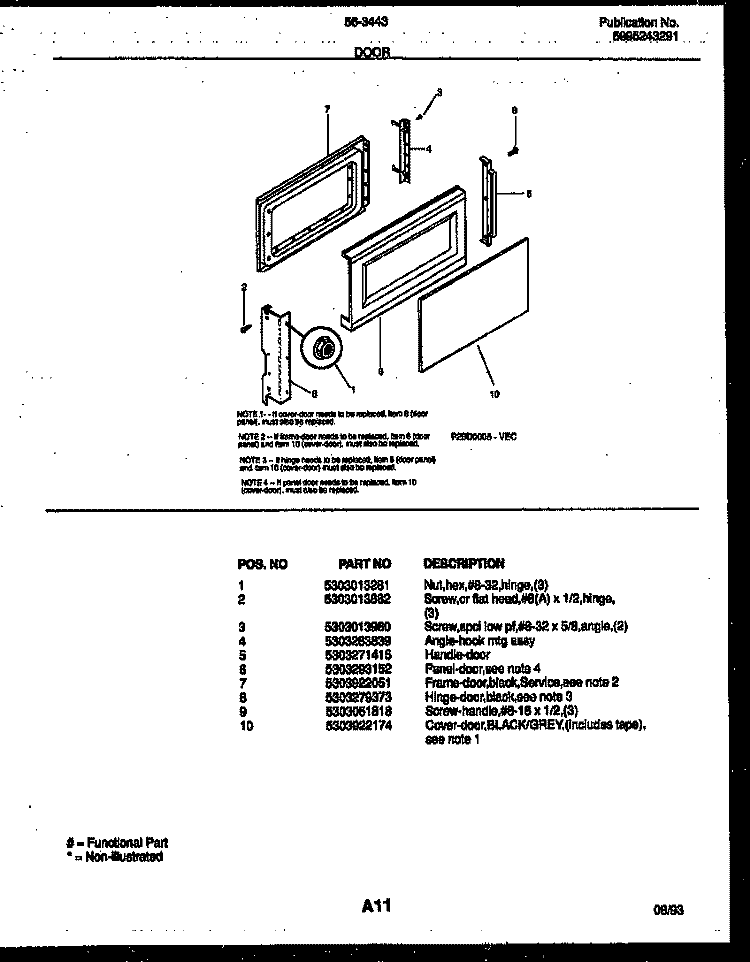 DOOR PARTS Diagram and Parts List for 56-3443-10-01  Tappan Microwave