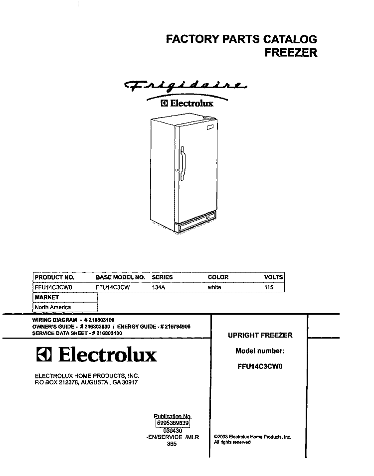 COVER Diagram and Parts List for FFU14C3CW0  Frigidaire Freezer