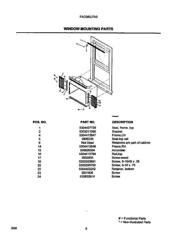 WINDOW MOUNTING PARTS Diagram and Parts List for FAC083J7A2  Frigidaire Air Conditioner