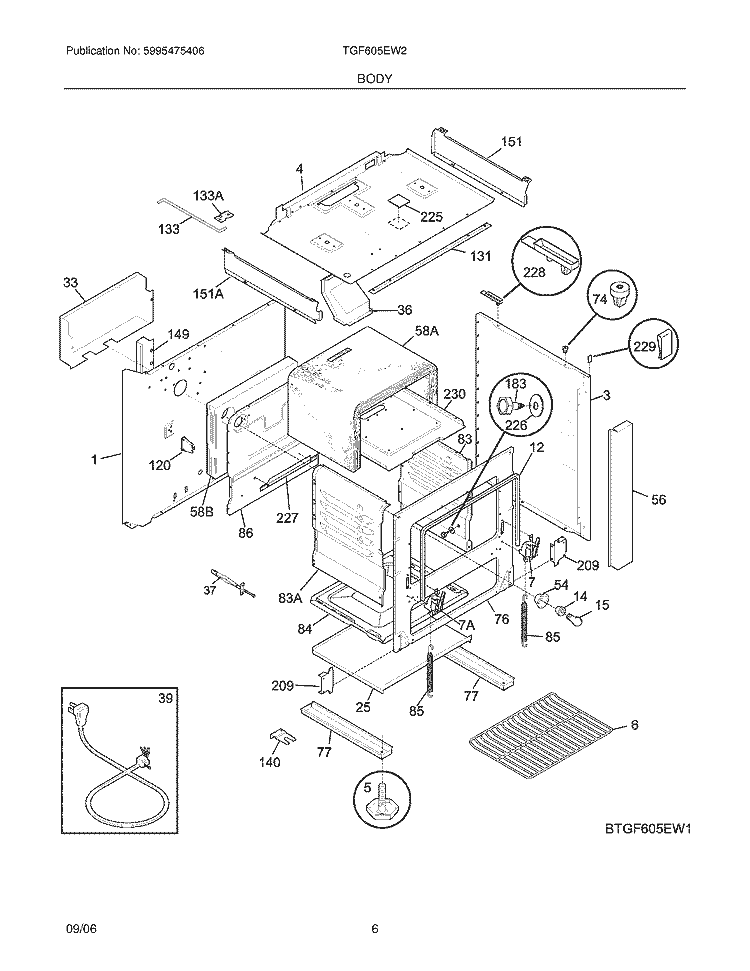 BODY Diagram and Parts List for TGF605EW2  Tappan Wall Oven