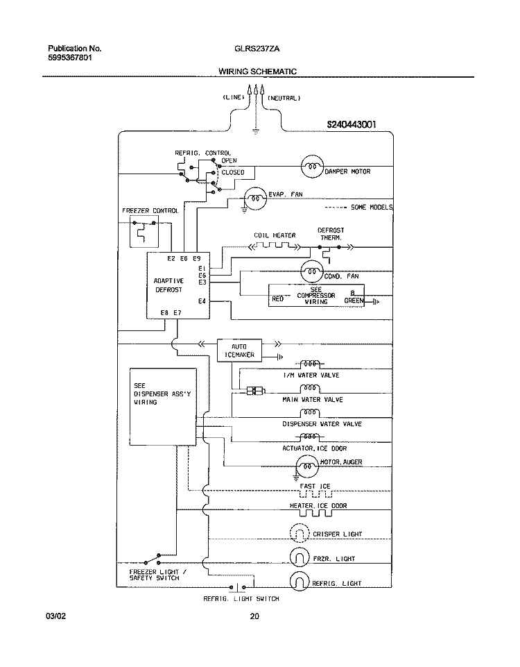 WIRING SCHEMATIC Diagram and Parts List for GLRS237ZAW4  Frigidaire Refrigerator