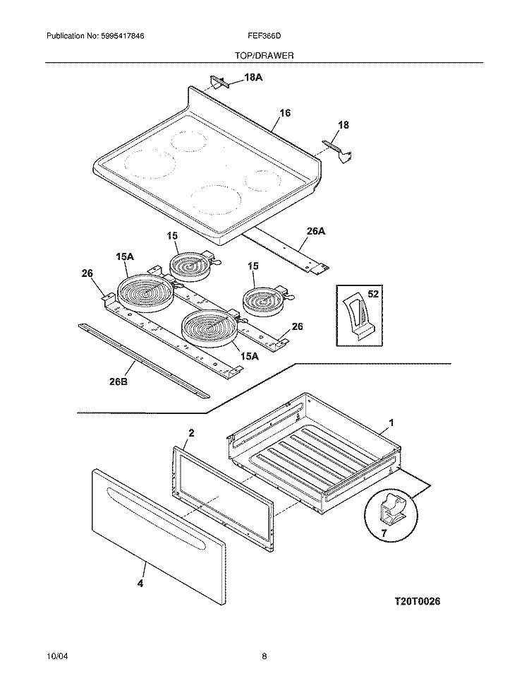 TOP / DRAWER Diagram and Parts List for FEF366DSA  Frigidaire Range