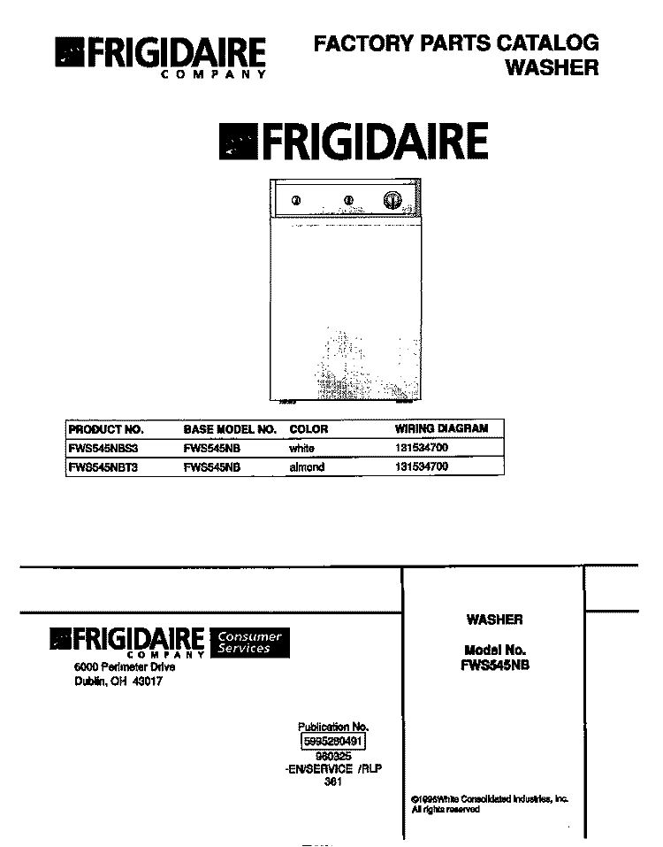 COVER Diagram and Parts List for FWS545NBT3  Frigidaire Washer