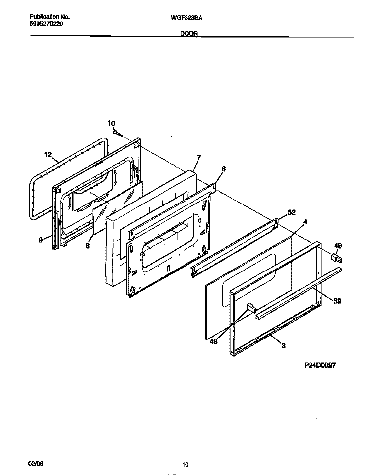 DOOR Diagram and Parts List for WGF323BAWE  Frigidaire Range