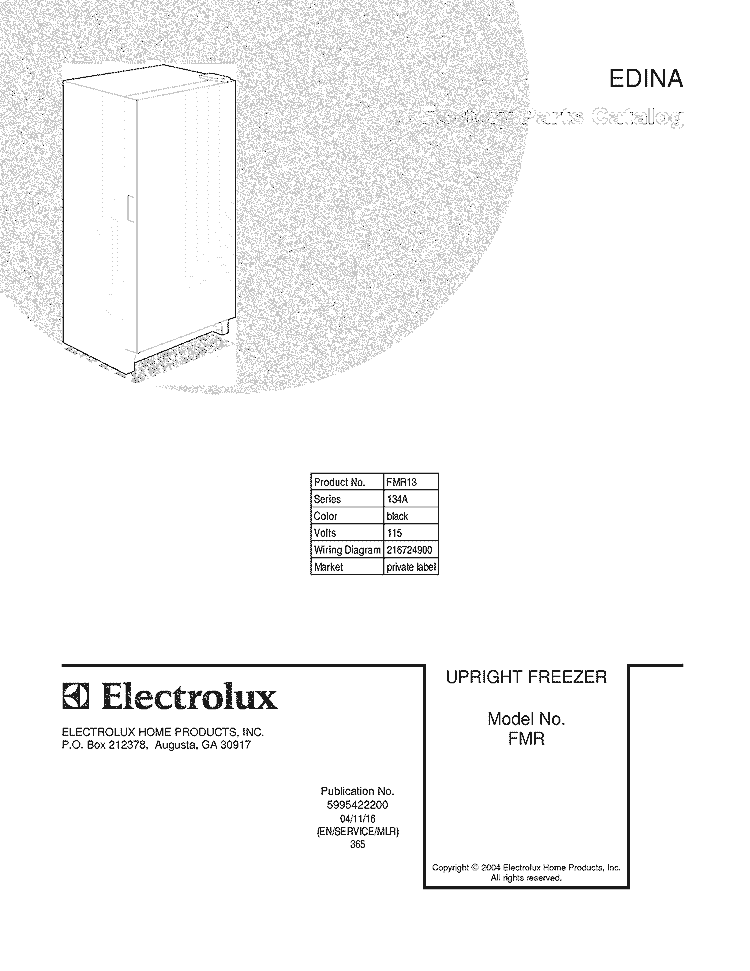 COVER Diagram and Parts List for FMR13  Electrolux Freezer