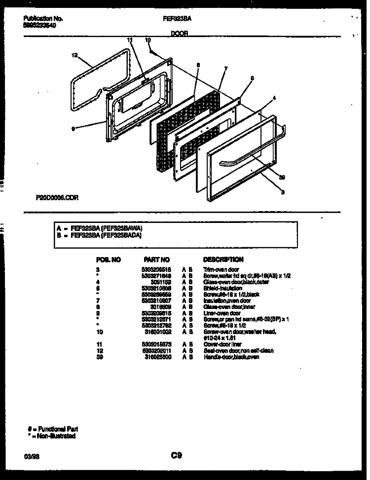 DOOR PARTS Diagram and Parts List for FEF323BAWA  Frigidaire Range