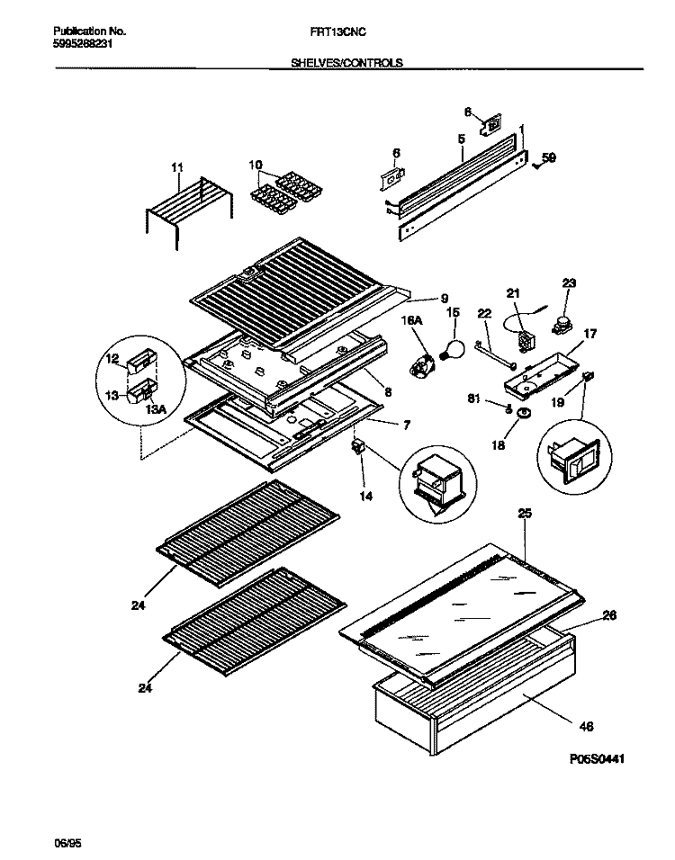SHELVES / CONTROLS Diagram and Parts List for FRT13CNCD0  Frigidaire Refrigerator