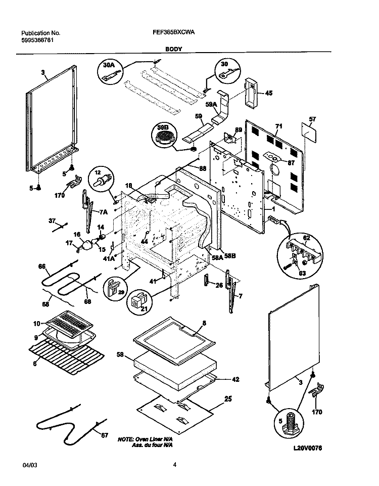 BODY Diagram and Parts List for FEF365BXCWA  Frigidaire Range