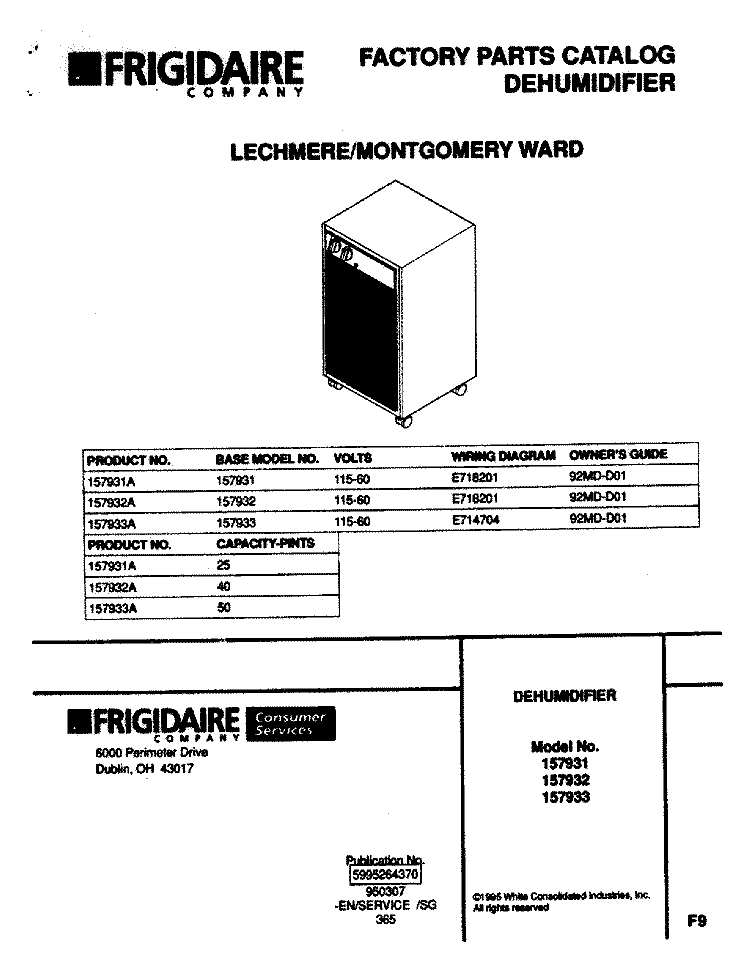 COVER Diagram and Parts List for 157933A  Frigidaire Dehumidifier