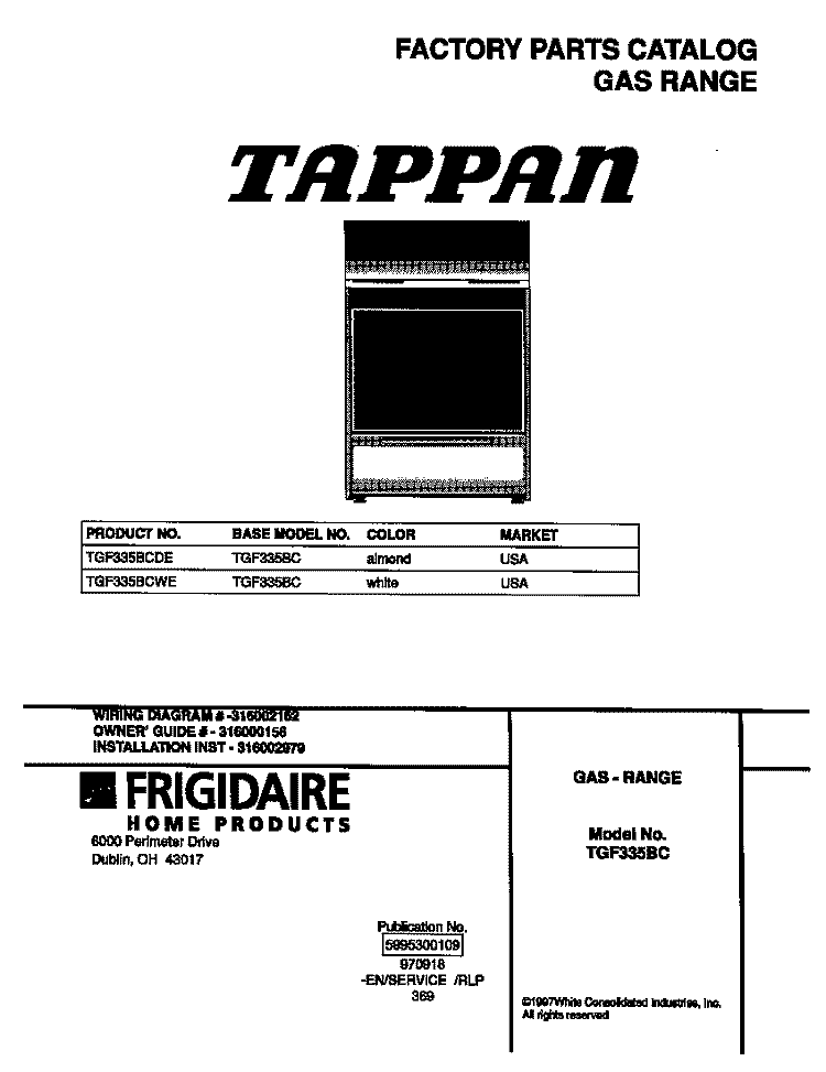 COVER Diagram and Parts List for TGF335BCWE  Tappan Range