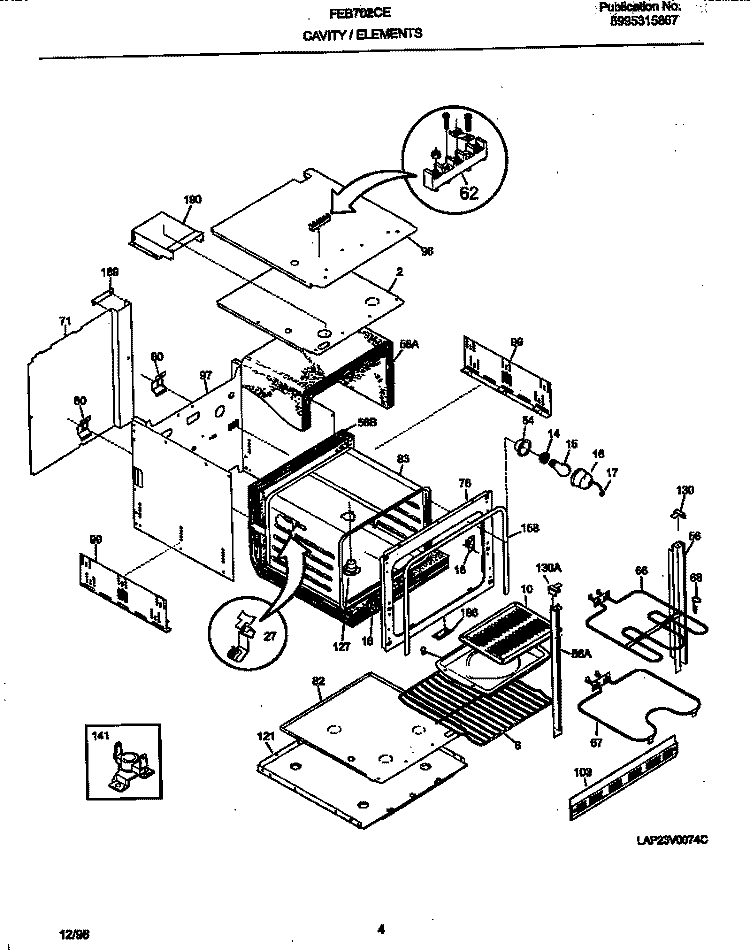 CAVITY / ELEMENTS Diagram and Parts List for FEB702CEBF  Frigidaire Wall Oven