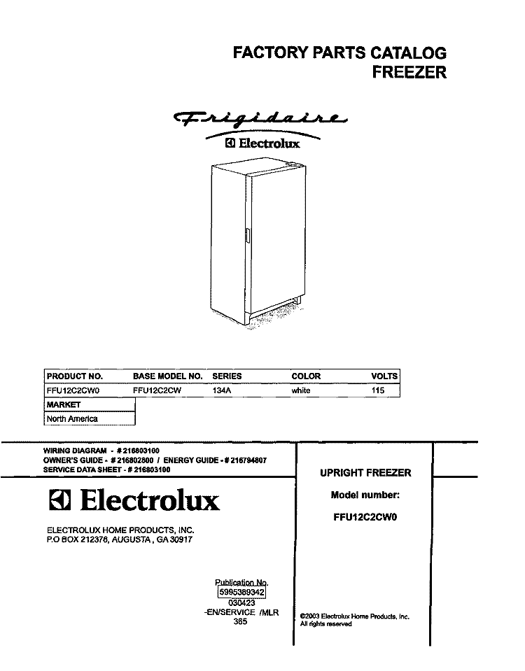 COVER Diagram and Parts List for FFU12C2CW0  Frigidaire Freezer
