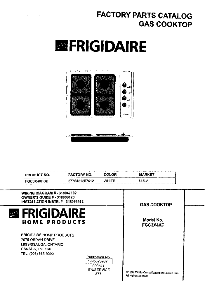 COVER Diagram and Parts List for FGC3X4XFSB  Frigidaire Cooktop