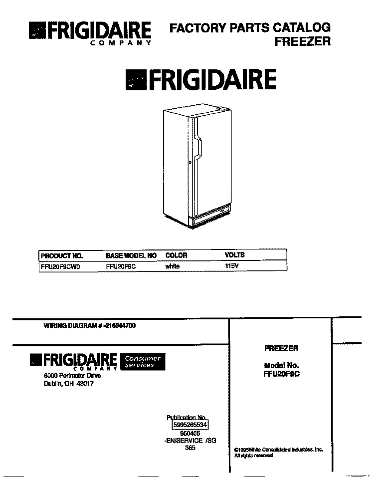 COVER Diagram and Parts List for FFU20F9CW0  Frigidaire Freezer