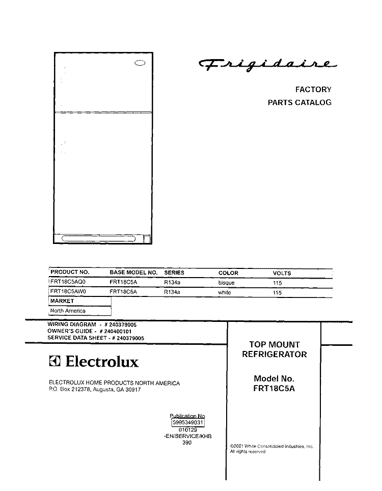 COVER Diagram and Parts List for FRT18C5AW0  Frigidaire Refrigerator