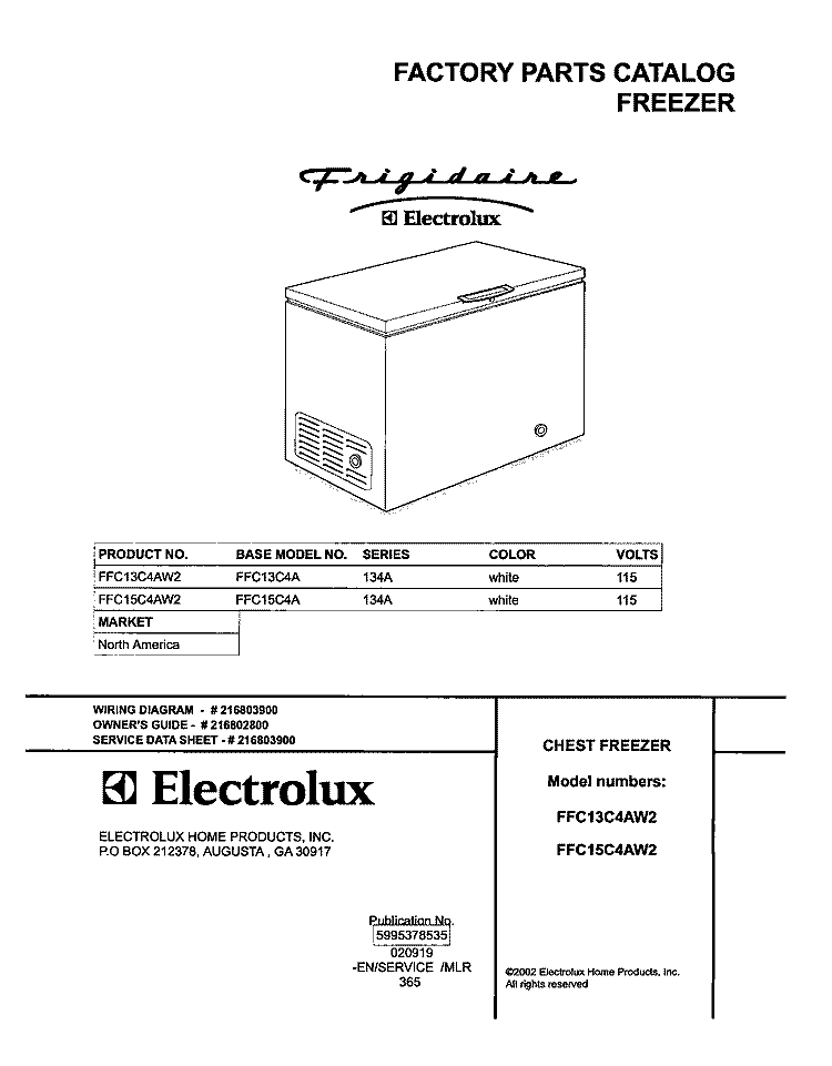 COVER Diagram and Parts List for FFC13C4AW2  Frigidaire Freezer
