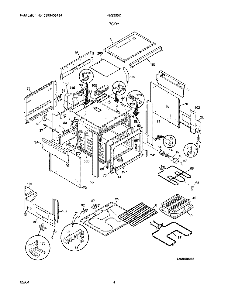 BODY Diagram and Parts List for FES355DSB  Frigidaire Range