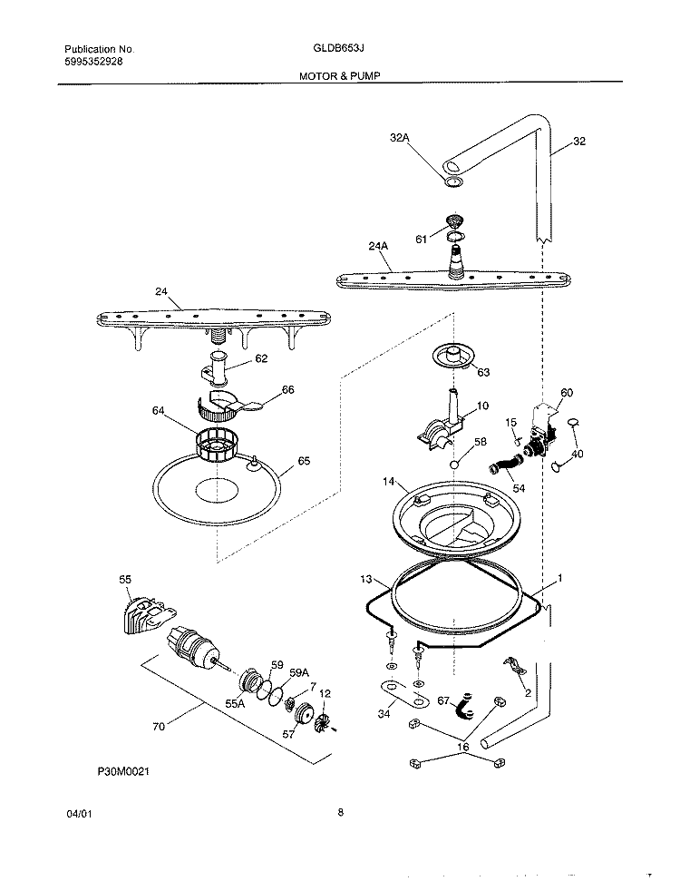 MOTOR & PUMP Diagram and Parts List for GLDB653JS1  Frigidaire Dishwasher