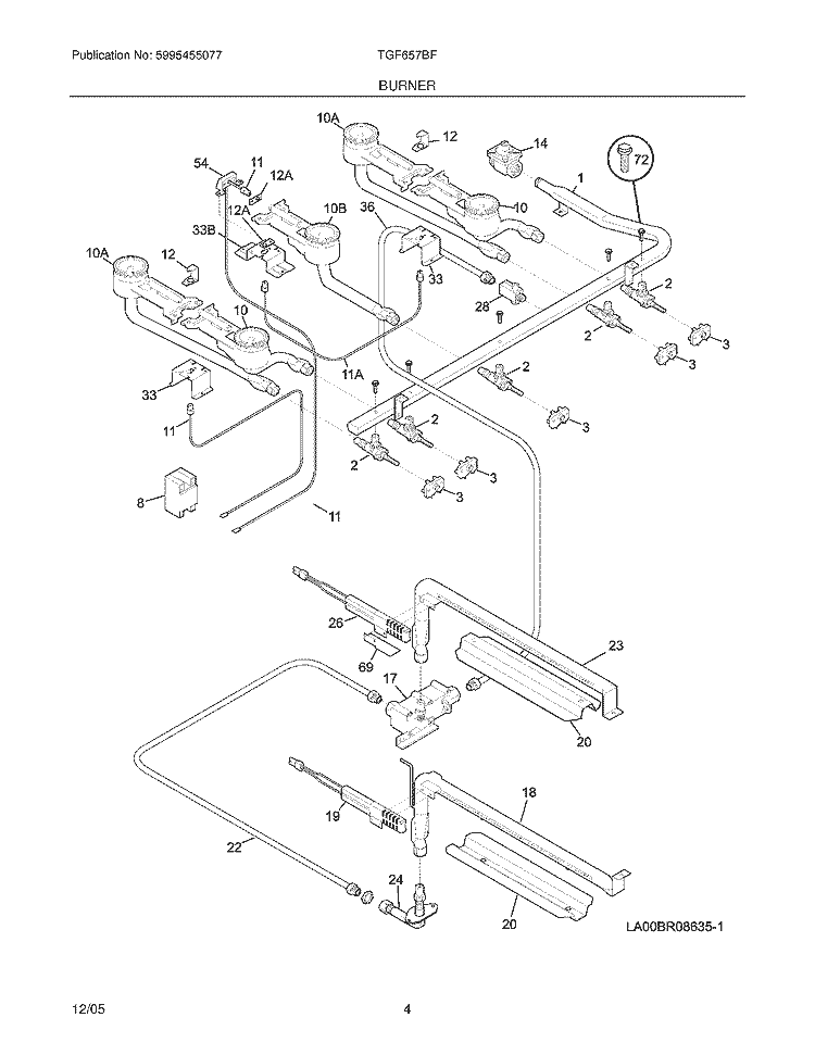 BURNER Diagram and Parts List for TGF657BFB8  Tappan Range