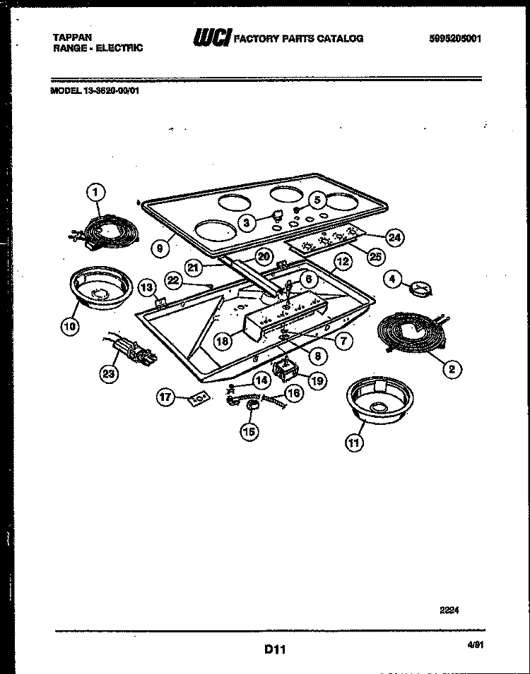 ELECTRIC SMOOTH TOP Diagram and Parts List for 13-3620-23-01  Tappan Cooktop