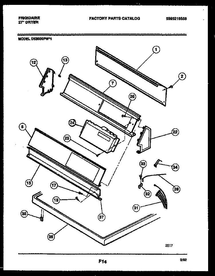 CONSOLE AND CONTROL PARTS Diagram and Parts List for DE8800PW1  Frigidaire Dryer