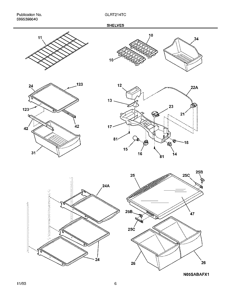 SHELVES Diagram and Parts List for GLRT214TCB1  Frigidaire Refrigerator