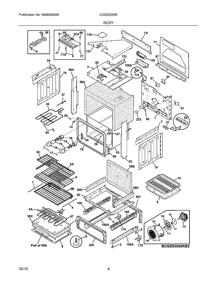 BODY Diagram and Parts List for CGES3065KW2  Frigidaire Range