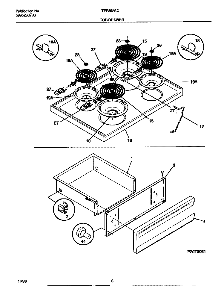 TOP / DRAWER Diagram and Parts List for TEF352SCDC  Tappan Range