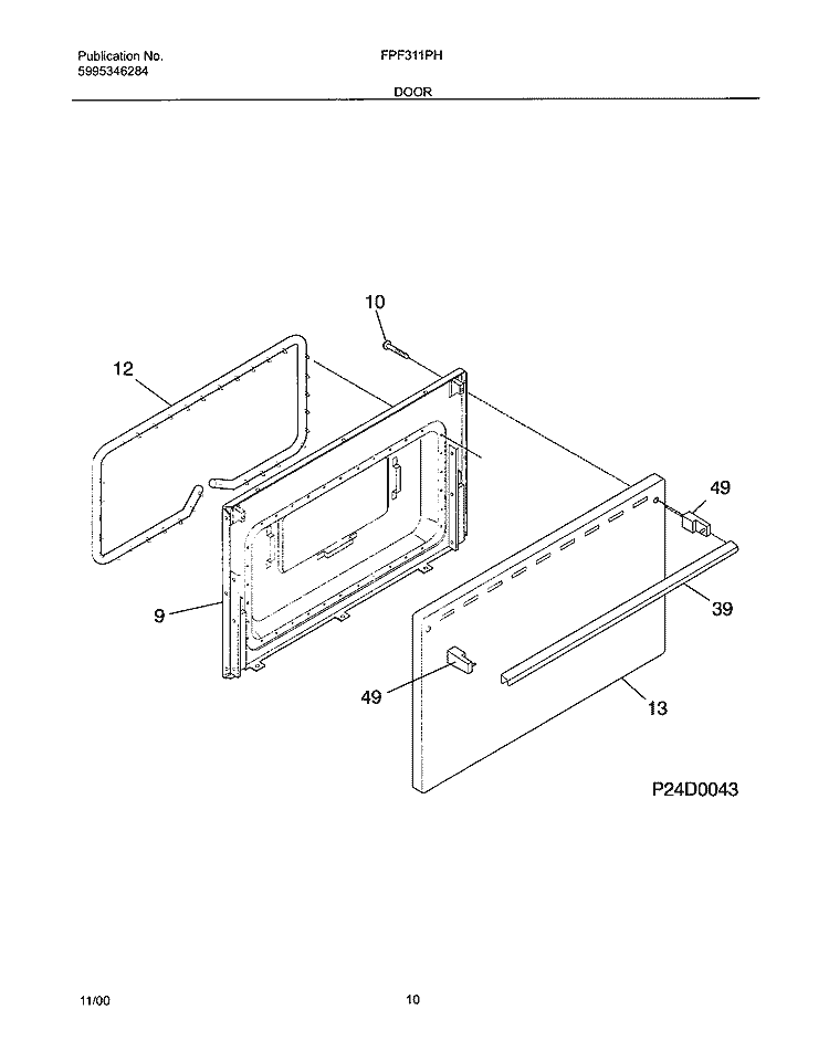 DOOR Diagram and Parts List for FPF311PHSA  Frigidaire Range