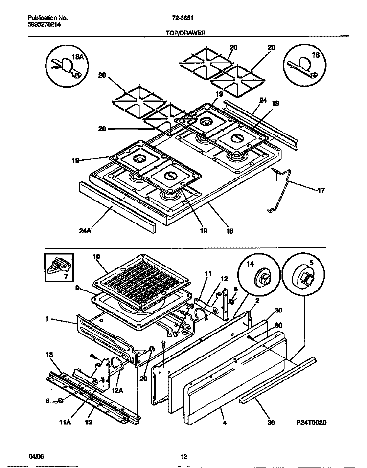 TOP / DRAWER Diagram and Parts List for 72-3651-00-08  Tappan Range