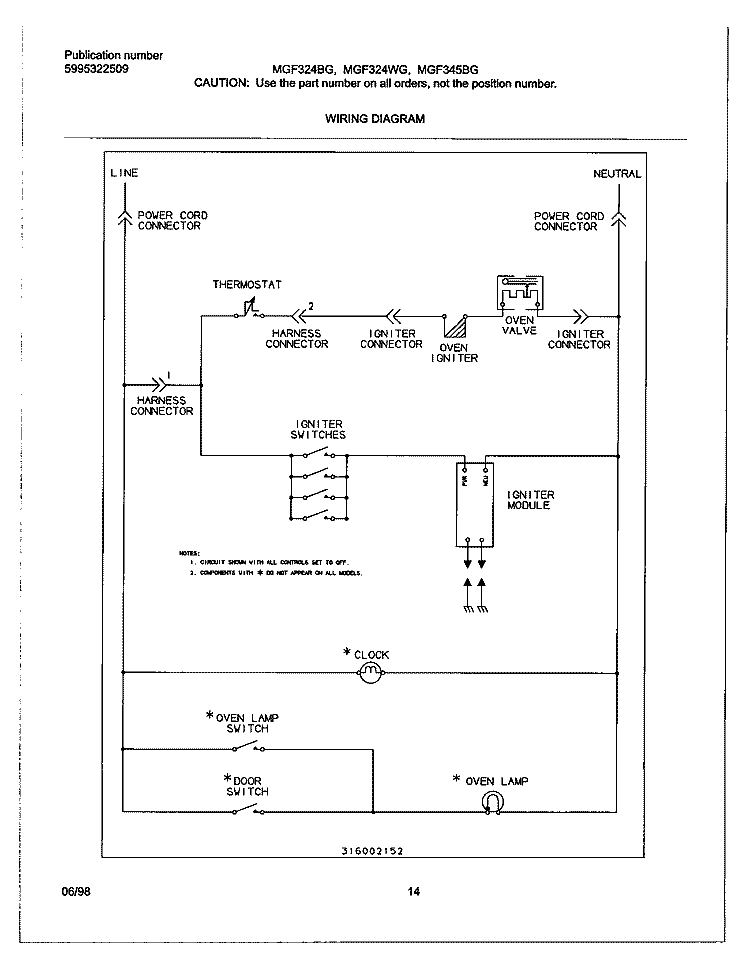 WIRING DIAGRAM Diagram and Parts List for MGF324BGDB  Frigidaire Range