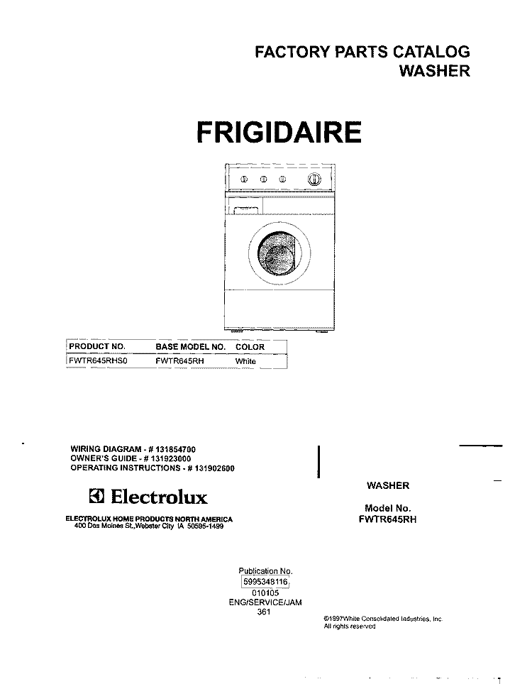 COVER Diagram and Parts List for FWTR645RHS0  Frigidaire Washer
