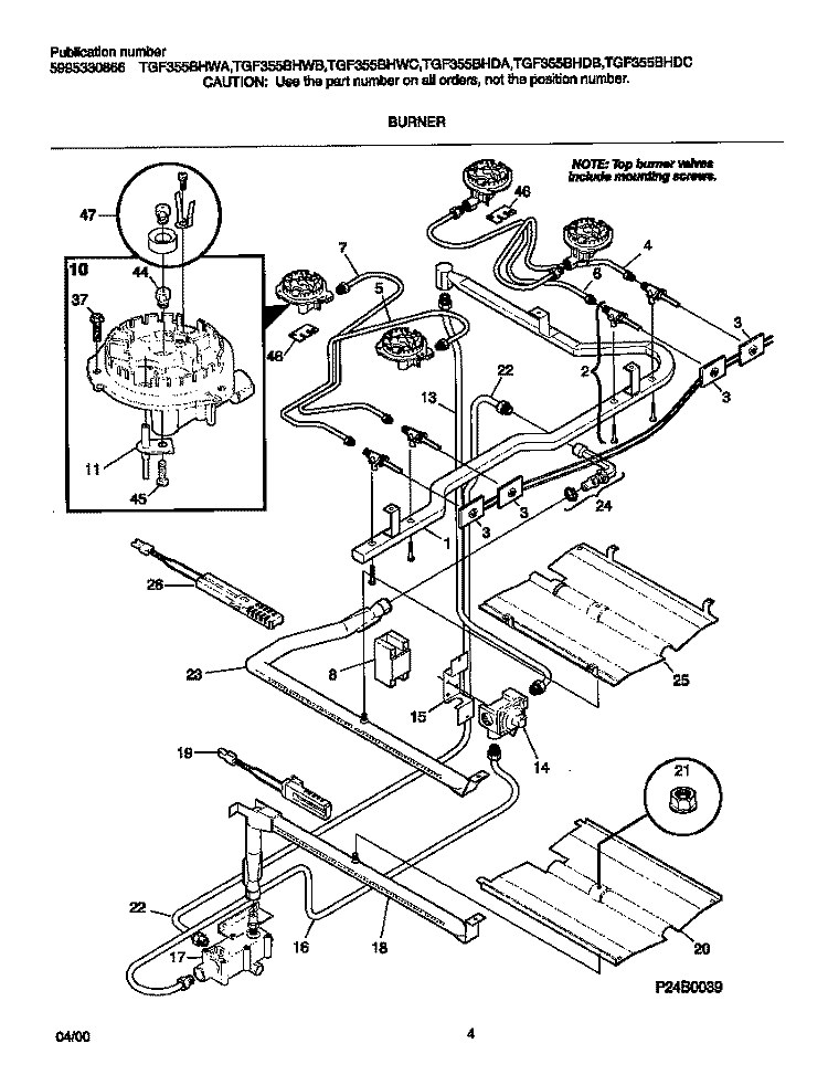 BURNER Diagram and Parts List for TGF355BHWC  Tappan Range