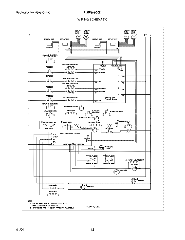WIRING SCHEMATIC Diagram and Parts List for PLEF398CCD  Frigidaire Range