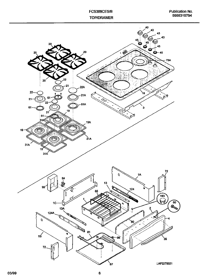 TOP / DRAWER Diagram and Parts List for FCS388CESF  Frigidaire Range
